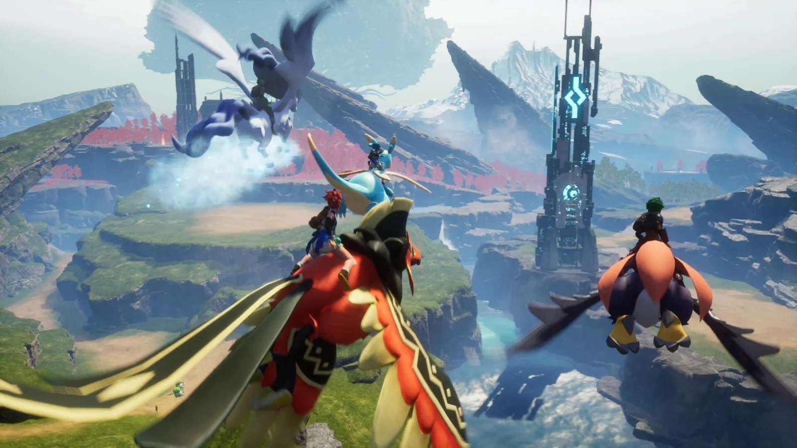 Palworld gameplay: the player riding a flying creature over the open world