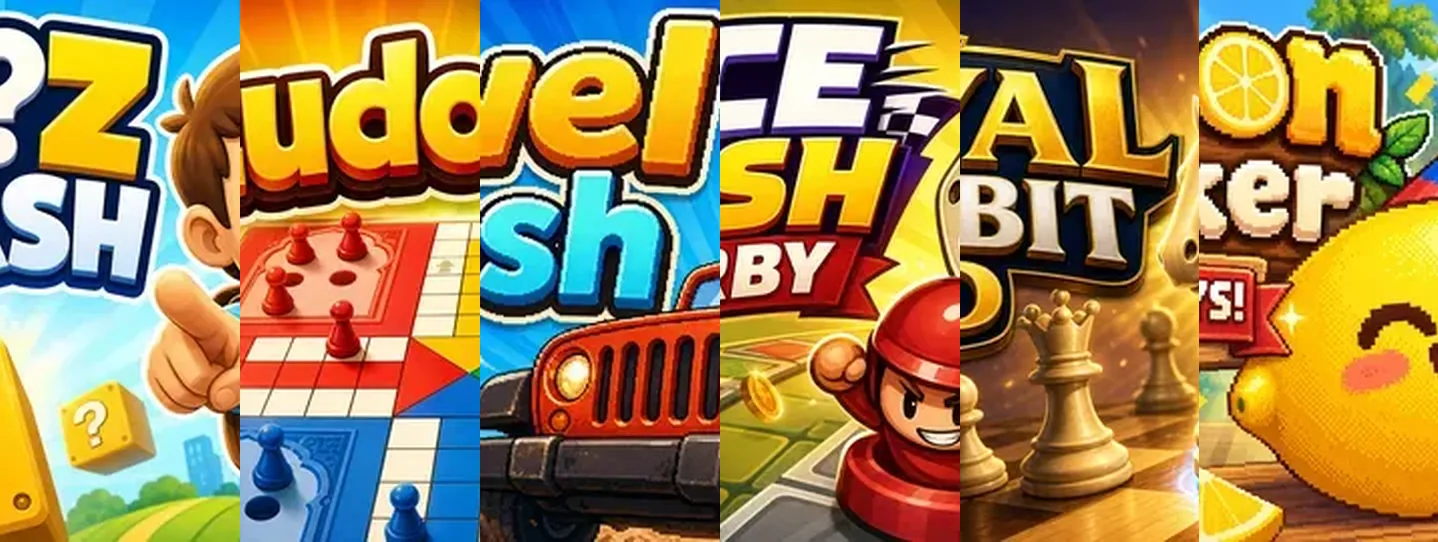 Cover art of six games made on Chatforce: Quiz Clash, LudoIndia, Vowel Rush, Dice Dash Derby, Chess Play and Lemon Clicker